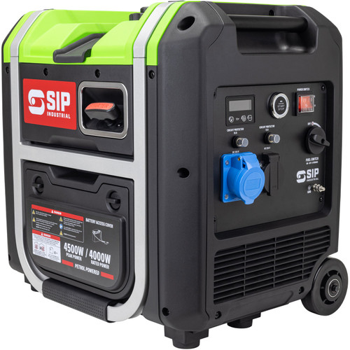 Front perspective view of the SIP ISG4500 digital inverter generator showing robust casing and wheels
