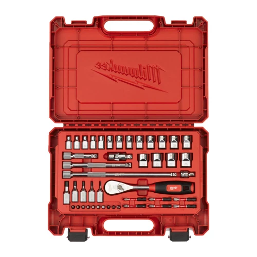 Milwaukee 3/8" Ratchet & Socket Set with Comfort Grip in red carrying case, open to show sockets, extension bars and bits
