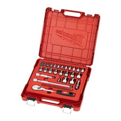Milwaukee 1/2" Ratchet & Socket Set with Comfort Grip in red carrying case, angled view