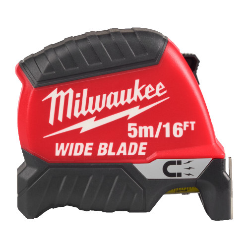 Milwaukee wide-blade pocket tape measure with a red and black casing