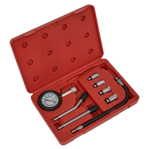 Petrol Engine Compression Test Kit 8pc | Compression tester fitted with Ø63mm gauge reading up to 300psi (20kg/cm²).