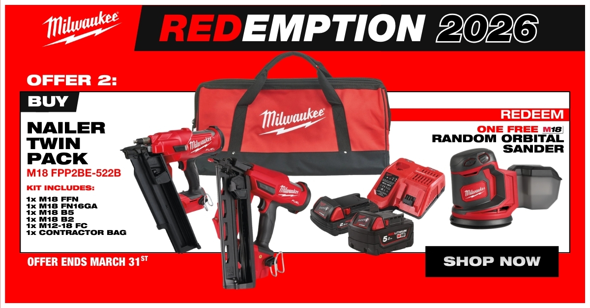 redemption offer 2 - free sander with Milwaukee M18FPP2BE-522B M18 Fuel Nailer Power Twin Pack GB2