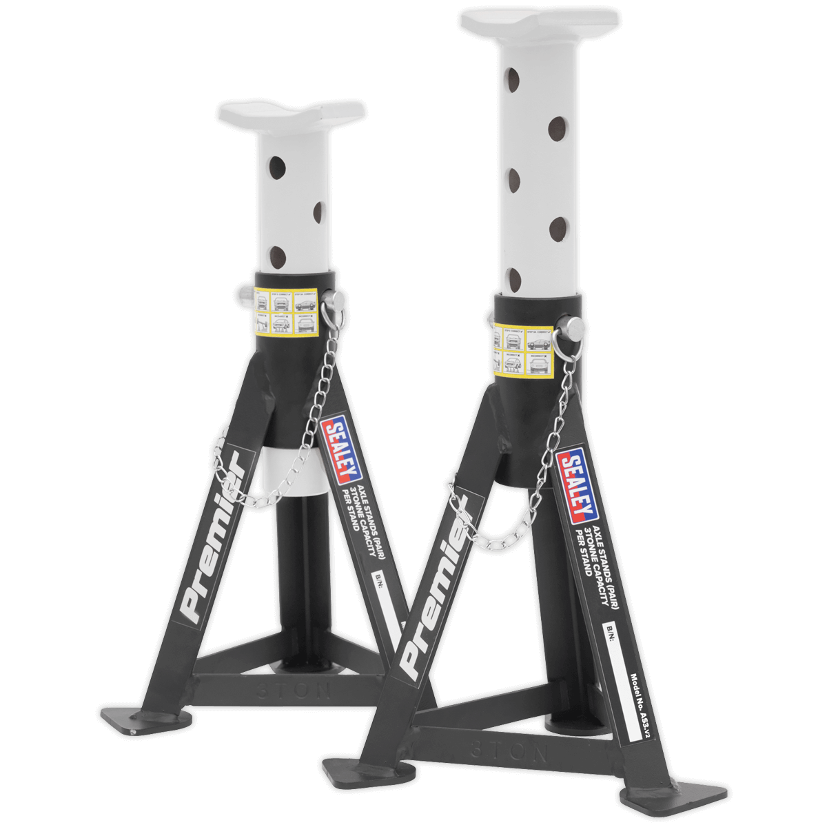 Sealey 3 Tonne White Axle Stands AS3 | 3 Tonne Capacity per Stand, are heavy-duty to safely support vehicles for extended periods of time. | toolforce.ie