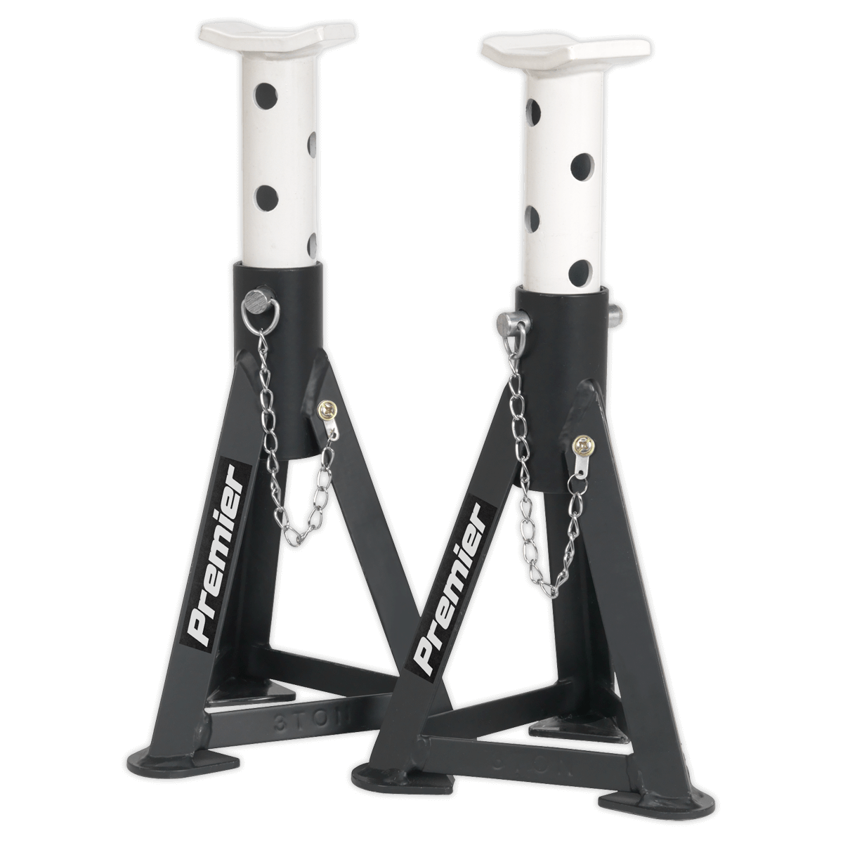 Sealey 3 Tonne White Axle Stands AS3 | All stands feature captive, multi-position pin load support. | toolforce.ie