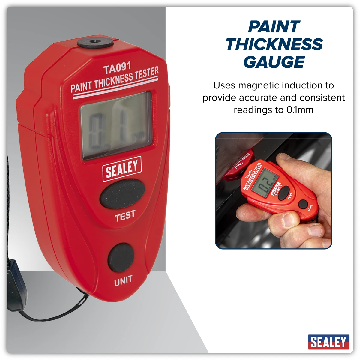 Sealey Paint Thickness Gauge shown on its product packaging. The image features a red handheld digital gauge with an LCD display and two control buttons, along with a small photograph demonstrating the gauge being used to measure a vehicle surface. The packaging is displayed against a white background.