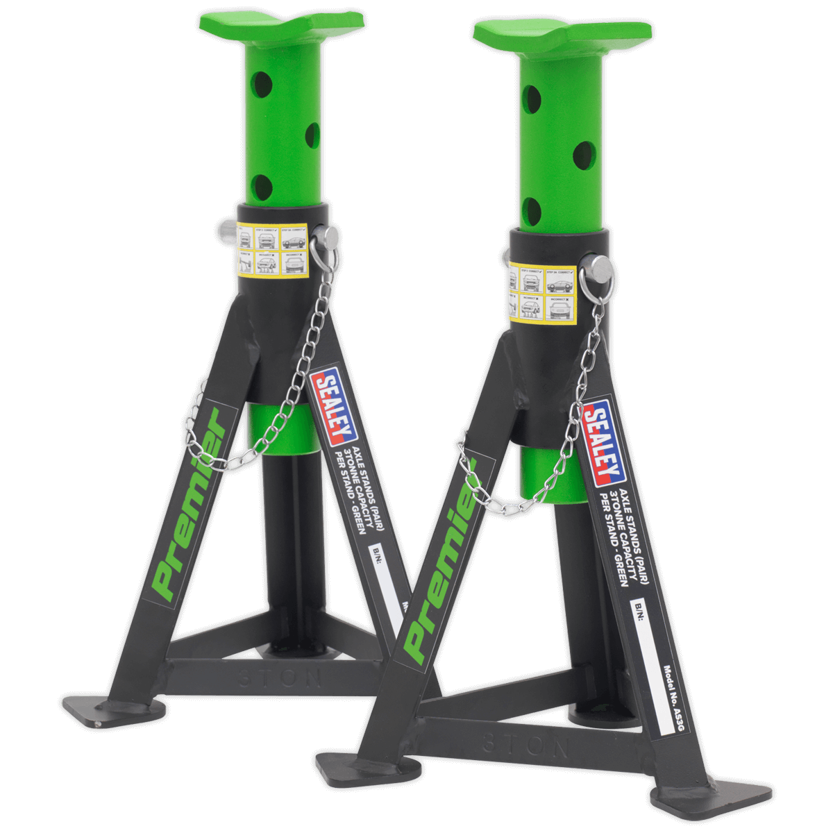 Sealey Axle Stands (Pair) 3tonne Capacity / Stand AS3G | Heavy-duty axle stands to safely support vehicles for extended periods of time. | toolforce.ie