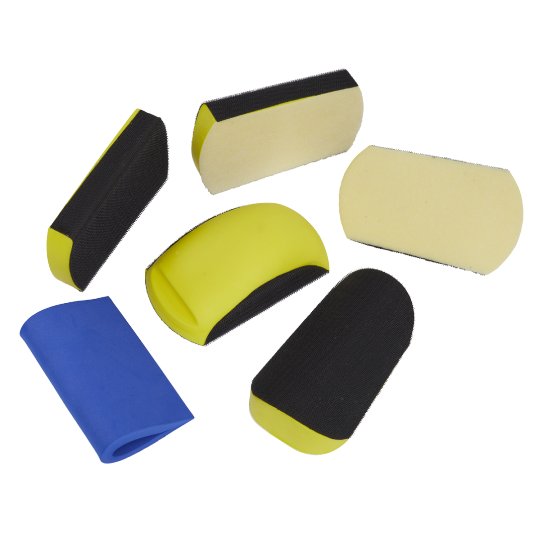 The Sanding Block Kit 6pc Hook-and-Loop from Sealey is a comprehensive kit of resilient rectangle style concave and convex sanding blocks with hook-and-loop surfaces and a flexible tear drop sanding block.