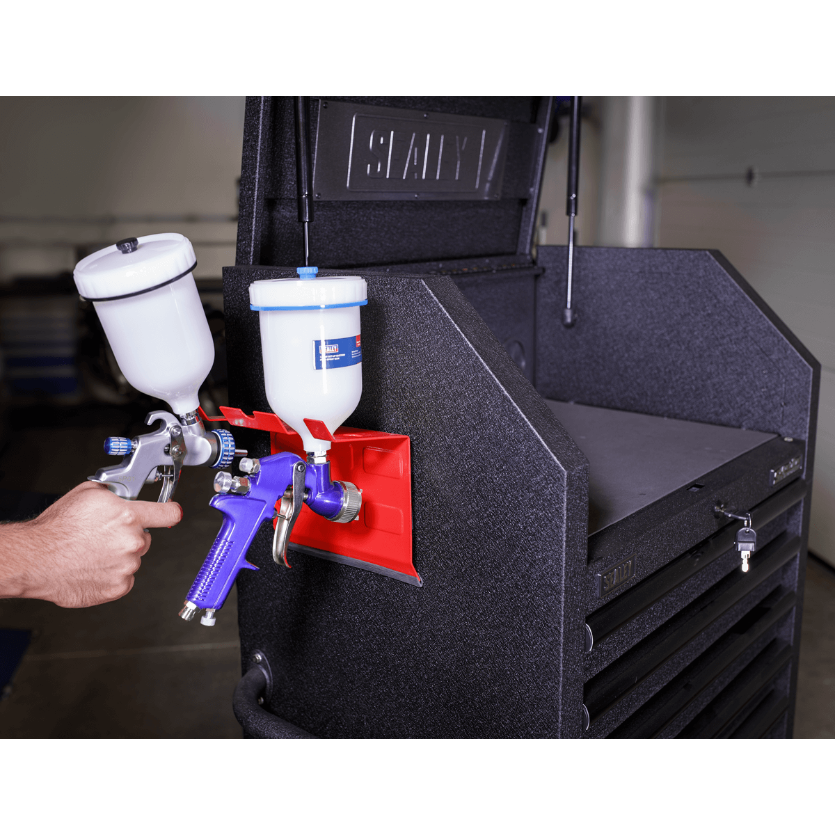 Sealey Magnetic Spray Gun Holder - 2 Gun MSH03 | The Magnetic Spray Gun Holder - (2 Gun) has a heavy-duty magnetic bracket with six large magnets which will adhere to any ferrous surface.