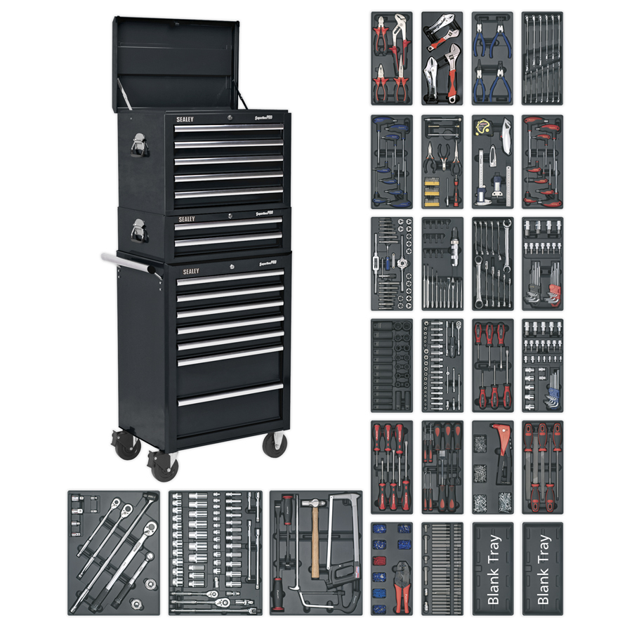 Sealey Tool Chest Combination 14 Drawer Black with 1179 Piece Tool Kit | Heavy-duty 45mm ball bearing drawer slides provide superior performance and carry heavier loads. | toolforce.ie