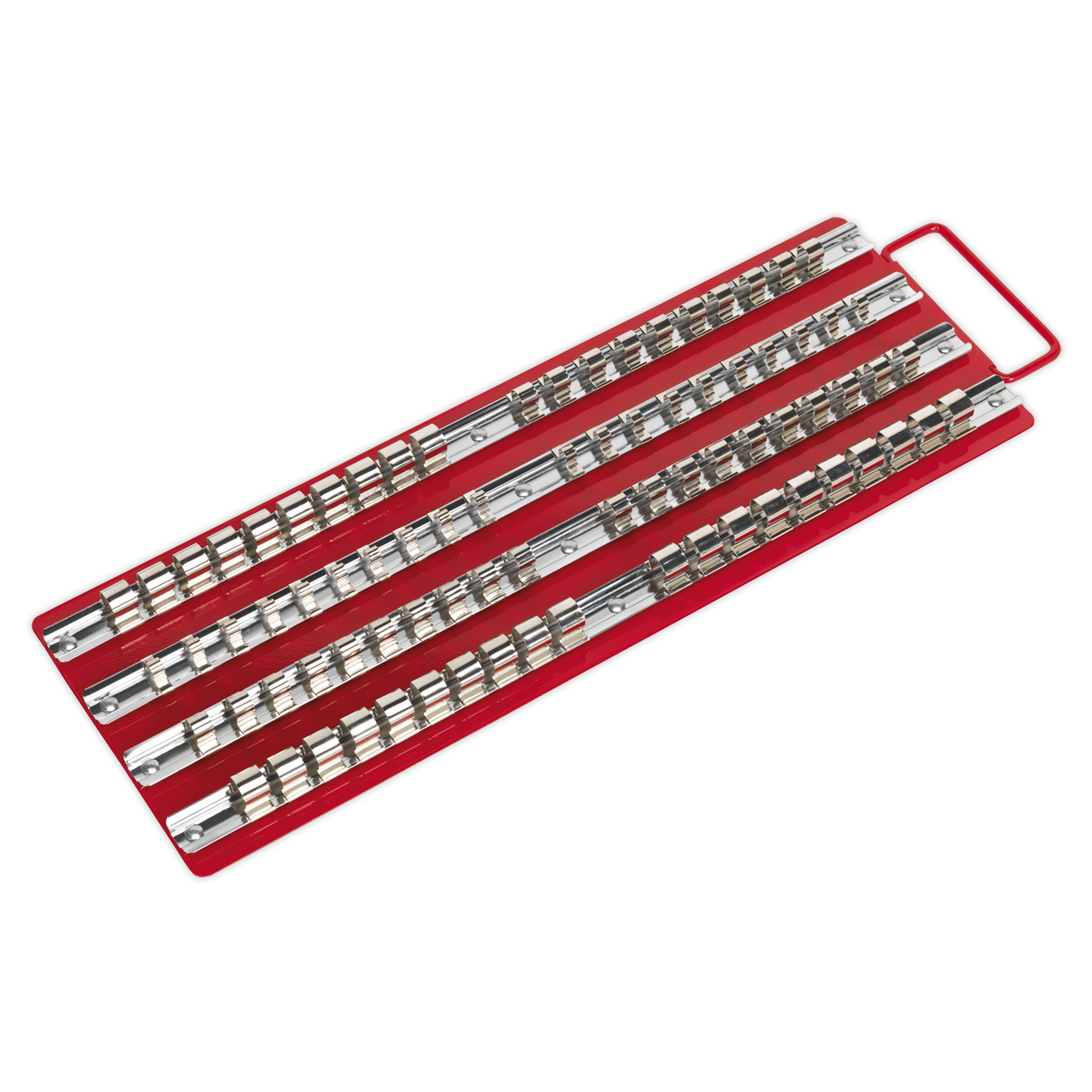 Socket Rail Tray Black 1/4", 3/8" & 1/2"Sq Drive | Steel panel comprising of four 430mm rails and clips suitable for retaining 1/4", 3/8" and 1/2"Sq drive sockets. | toolforce.ie