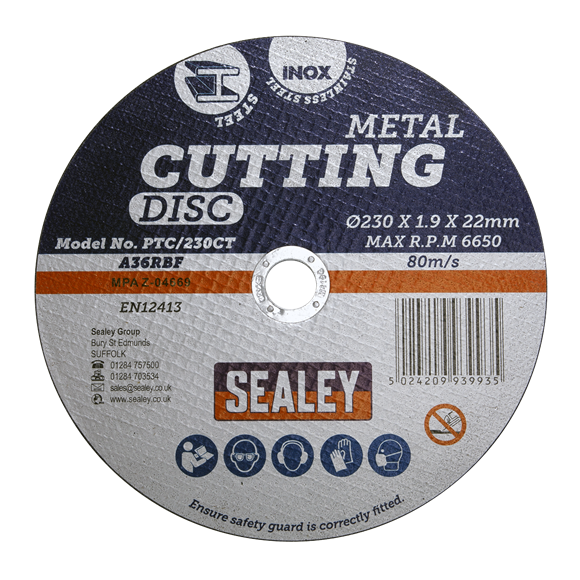 Sealey Cutting Disc 230 x 2mm 22mm Bore PTC/230CT | General purpose flat cutting disc recommended for use with Sealey and other leading makes of grinding and cutting power tools. | toolforce.ie