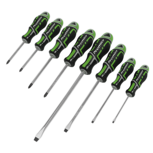 Screwdriver Set 8pc GripMAX® - Hi-Vis Green | High quality Chrome Vanadium satin finished shafts with shot blasted and magnetized tips. | toolforce.ie