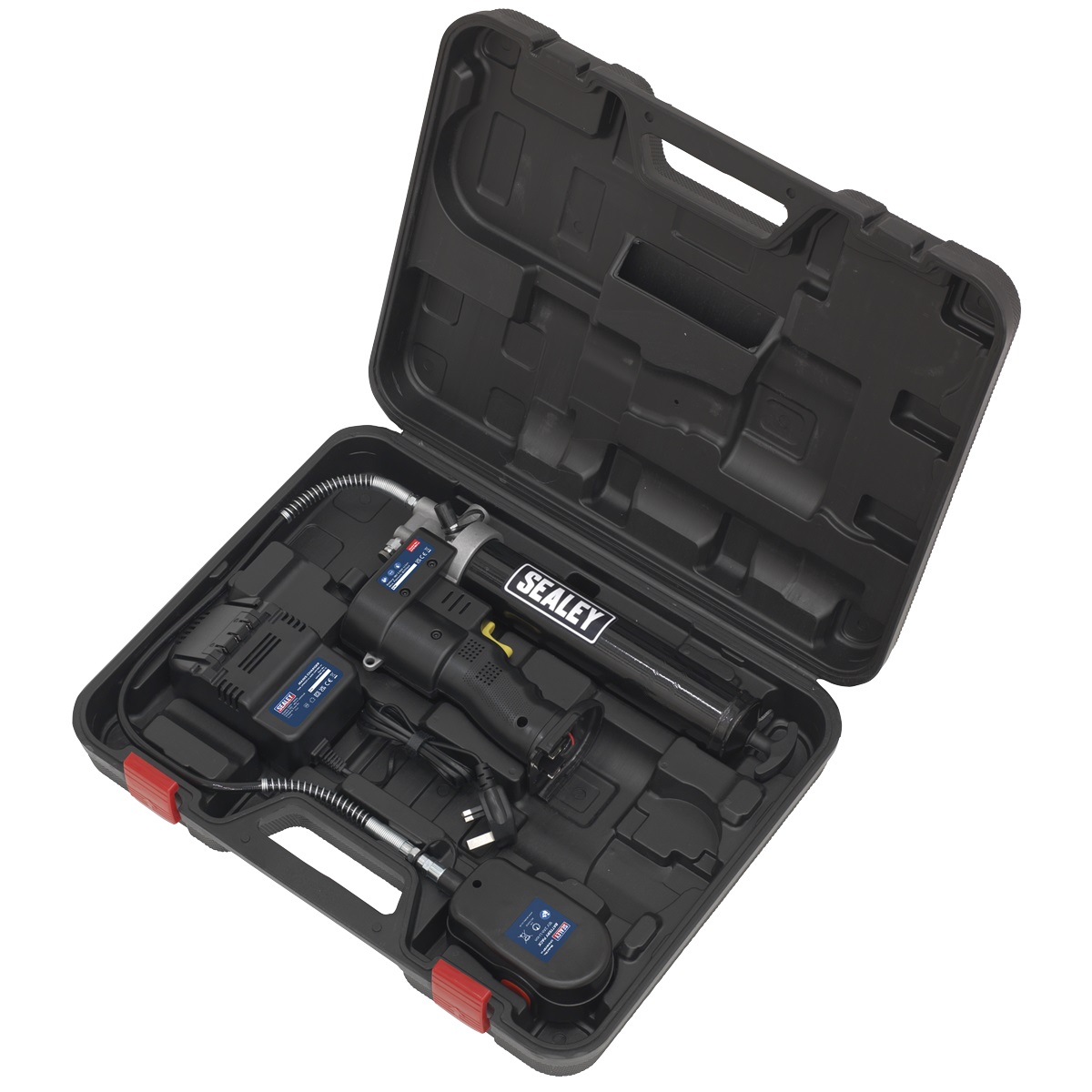 SEALEY 18V Cordless Grease Gun CPG18V | Features LCD battery condition indicator, air bleed and heavy-duty aluminium pressure head | toolforce.ie