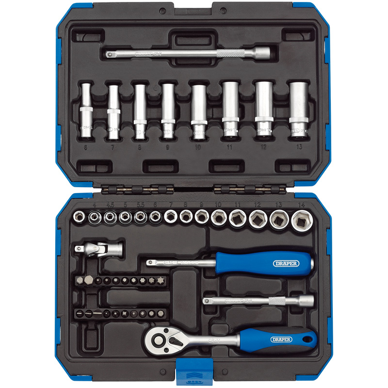 Draper Metric Socket Set, 1/4" Sq. Dr. (47 Piece) (BD47M) | Six point sockets made from chrome vanadium steel that's hardened and tempered with a satin finish. | toolforce.ie
