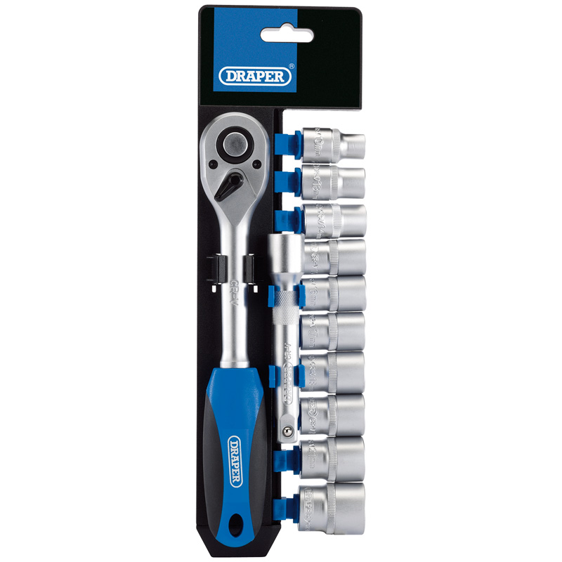 Draper Metric Socket and Ratchet Set, 1/2" Sq. Dr. (12 Piece) (16374) | Manufactured from chrome vanadium steel hardened and tempered with a satin finish. | toolforce.ie