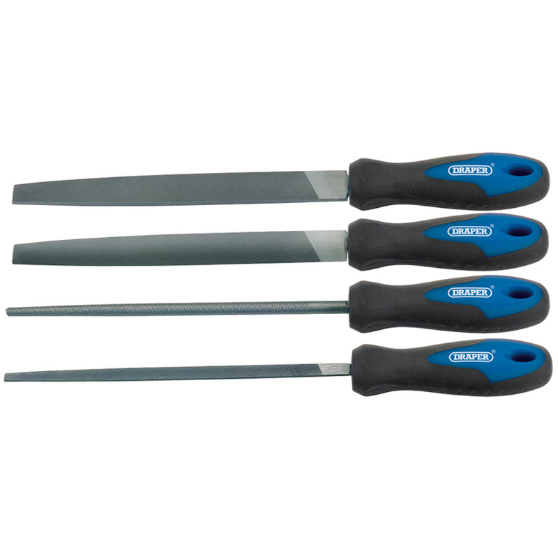 Draper Soft Grip Engineer's File Set, 200mm (4 Piece) (44962) | High carbon steel, hardened and tempered with soft grip handles incorporating hang hole. | toolforce.ie