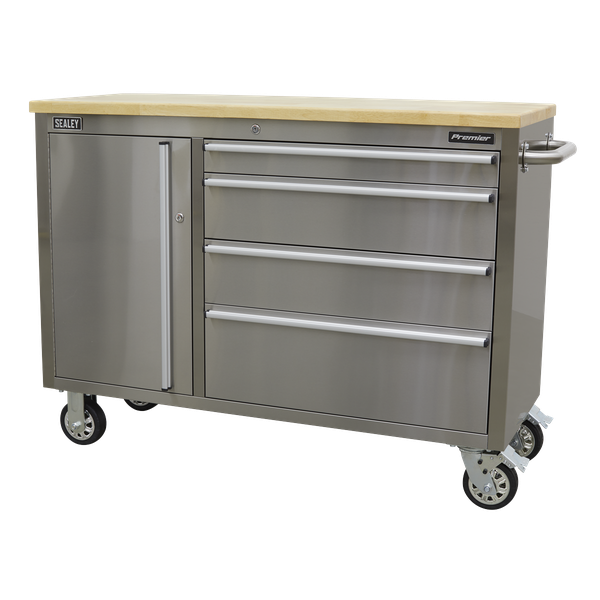 Sealey Stainless Steel Mobile Tool Cabinet With Workbench AP4804SS | Side storage cupboard with shelf and pegboard inlay. | toolforce.ie