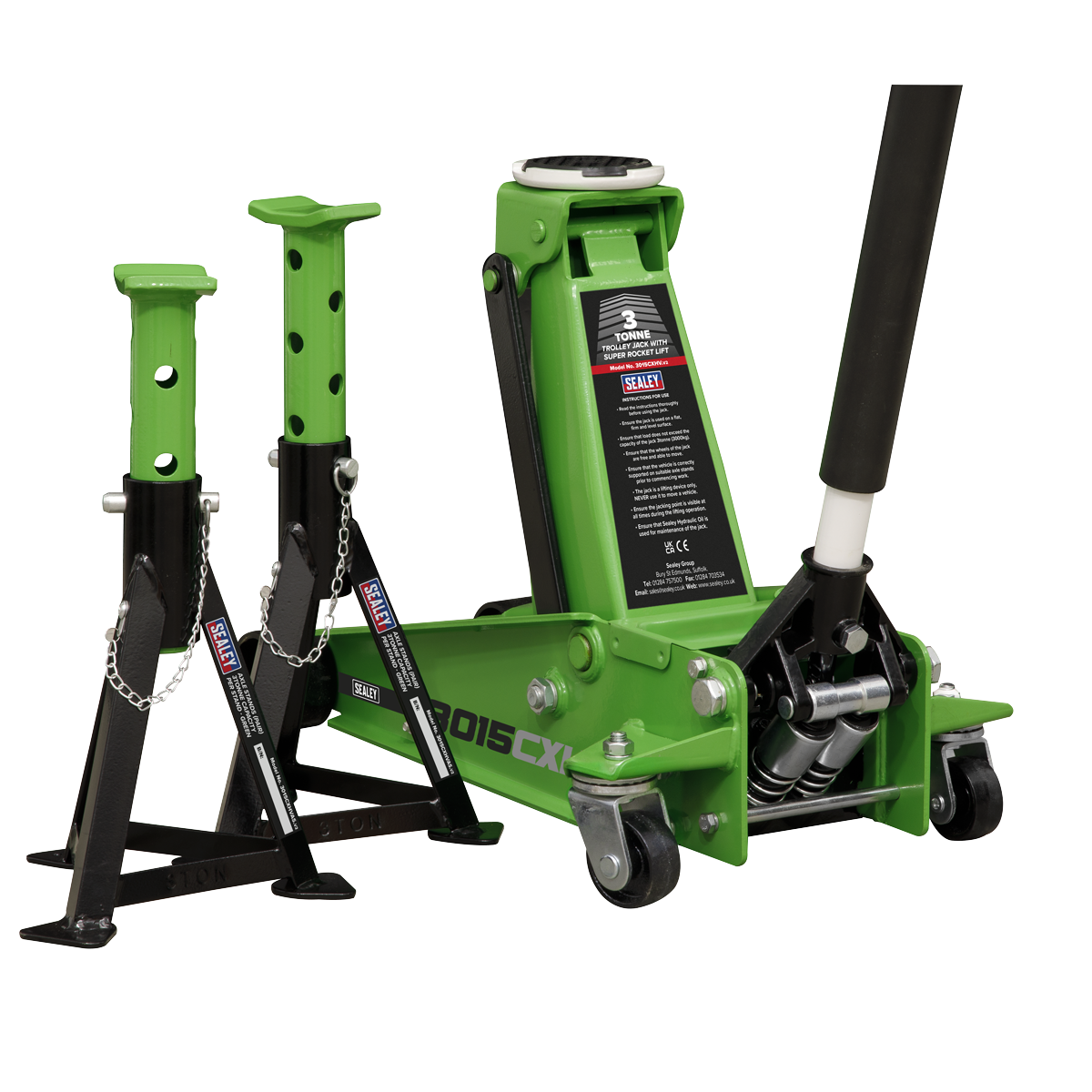 Sealey 3 Ton Trolley Jack & Axle Stand Set 3015CXHV | Universal joint release mechanism allows safer, more controlled lowering of the jack. | toolforce.ie