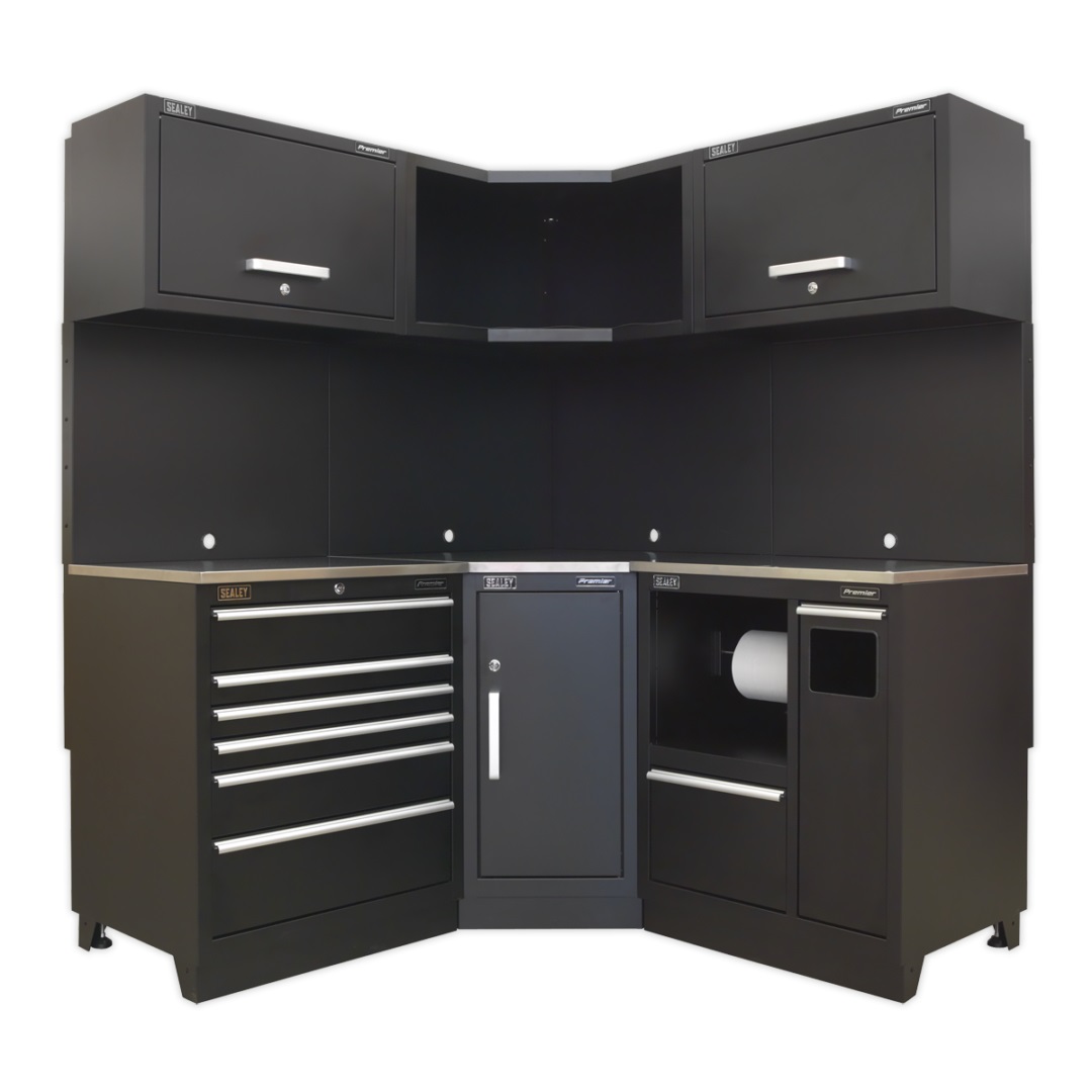Sealey Modular Corner Tool Box Storage System APMSCOMBO6SS | Brushed aluminium drawer pulls and handles. | toolforce.ie