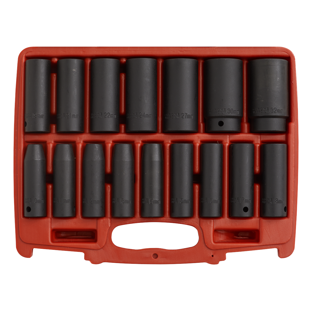 Impact Socket Set 16pc 1/2"Sq Drive Deep Metric | Manufactured from Chrome Vanadium steel, hardened, tempered and with a phosphate finish for added corrosion resistance. | toolforce.ie