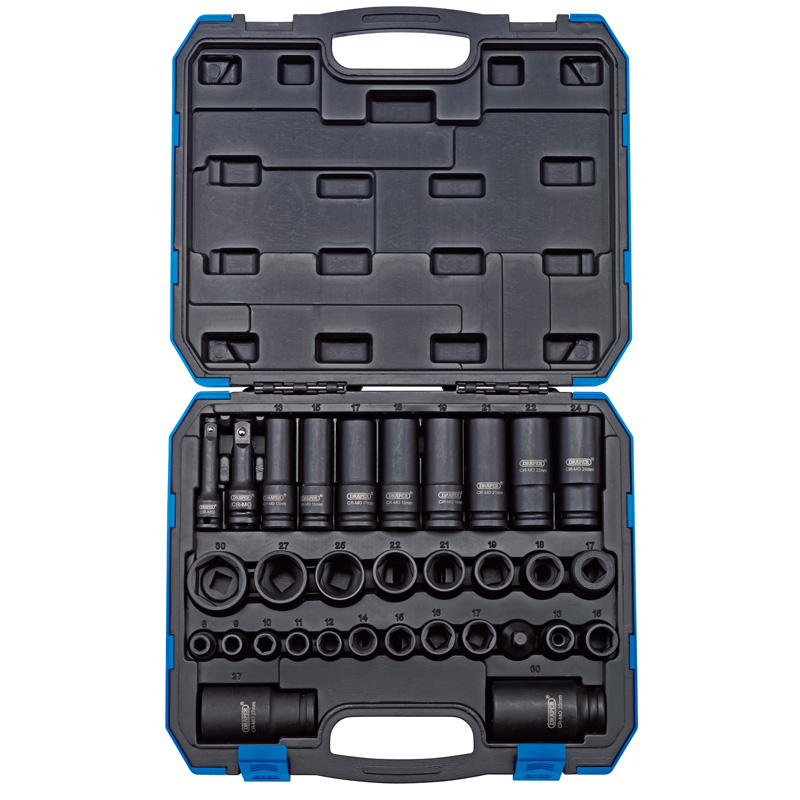 Draper  83098 Impact Socket Set, 3/8" and 1/2" Sq. Dr. (32 Piece) in black carry case