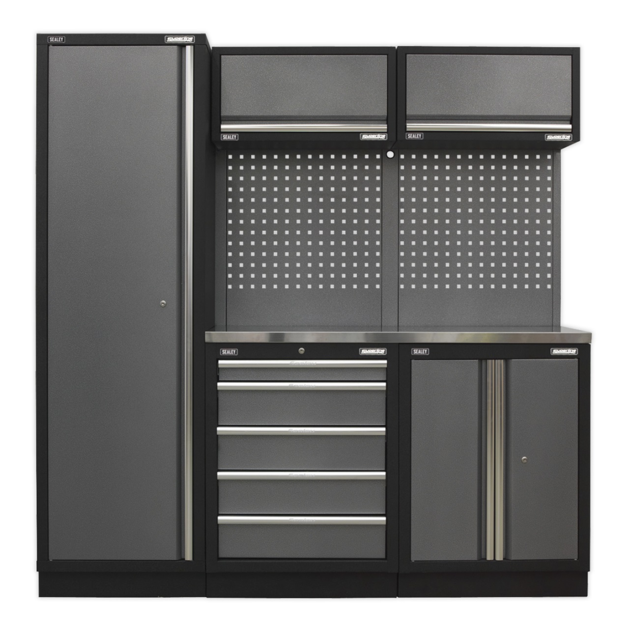 Sealey Modular Tool Storage System Stainless Steel Worktop APMSSTACK02SS | Gas struts on wall cabinet doors. | toolforce.ie