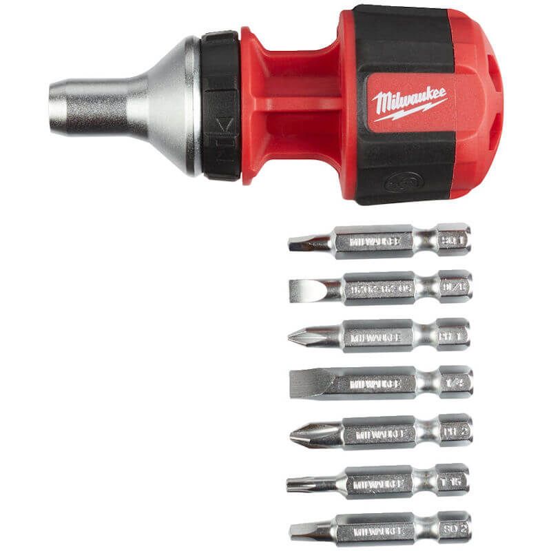 MILWAUKEE 8 IN 1 COMPACT RATCHETING MULTI-BIT SCREWDRIVER, Chrome plated marine grade rust protected bits.