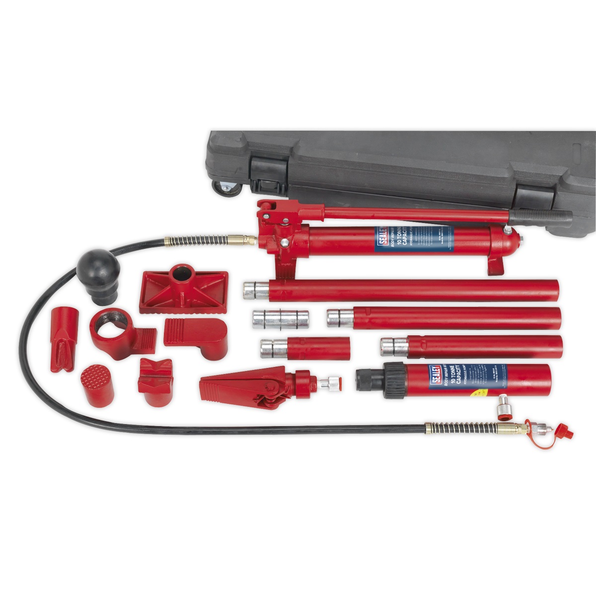Sealey Hydraulic Body Repair Kit 10tonne Snap Type RE97/10 | Heavy gauge snap-together pipework and cast snap-together attachments compatible with most leading makes of snap-together equipment. | toolforce.ie
