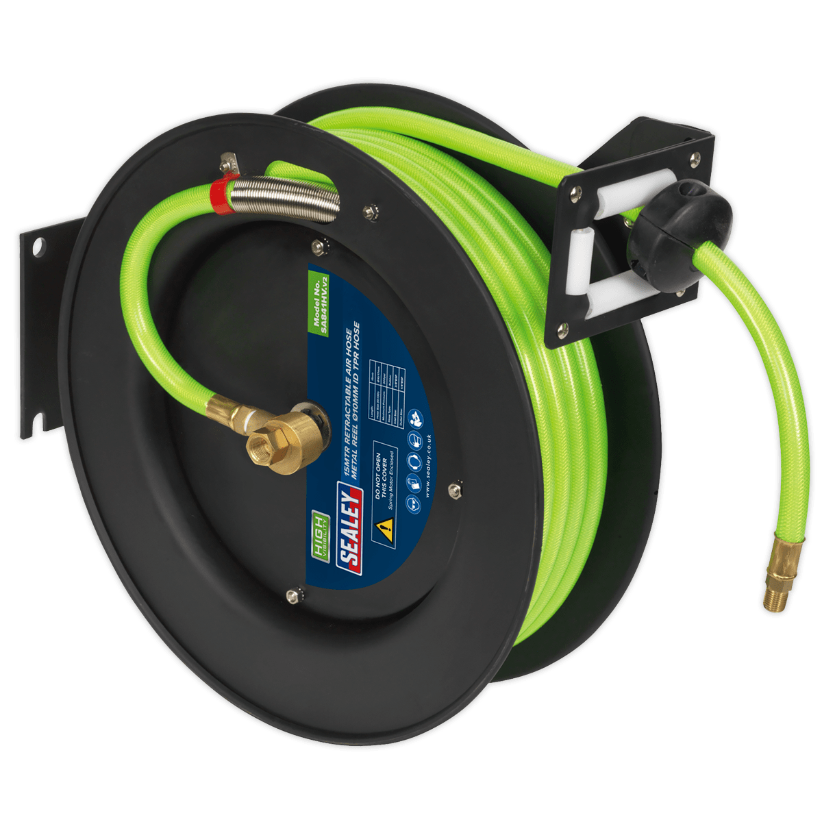 Sealey Retractable Air Hose Metal Reel 15m Ø10mm ID High-Visibility SA841HV | High visibility TPR air hose for added safety around the workshop. | toolforce.ie
