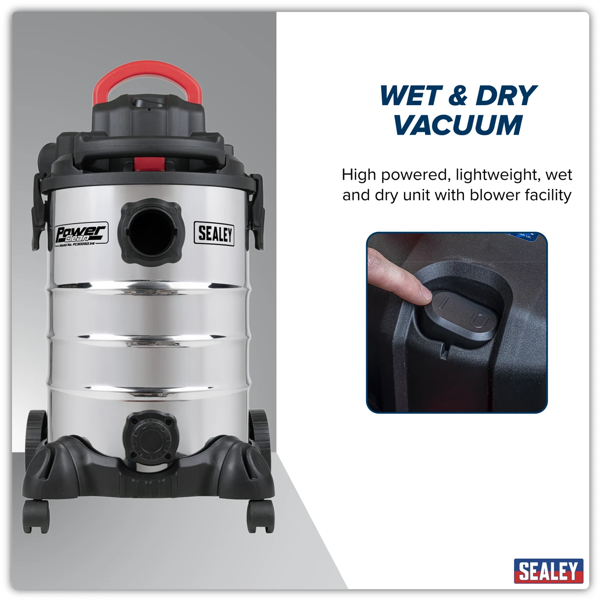 Sealey30L Vacuum Cleaner Wet & Dry with Stainless Steel Drum & Detachable Leaf Blower 1200W/230V PC300SD
