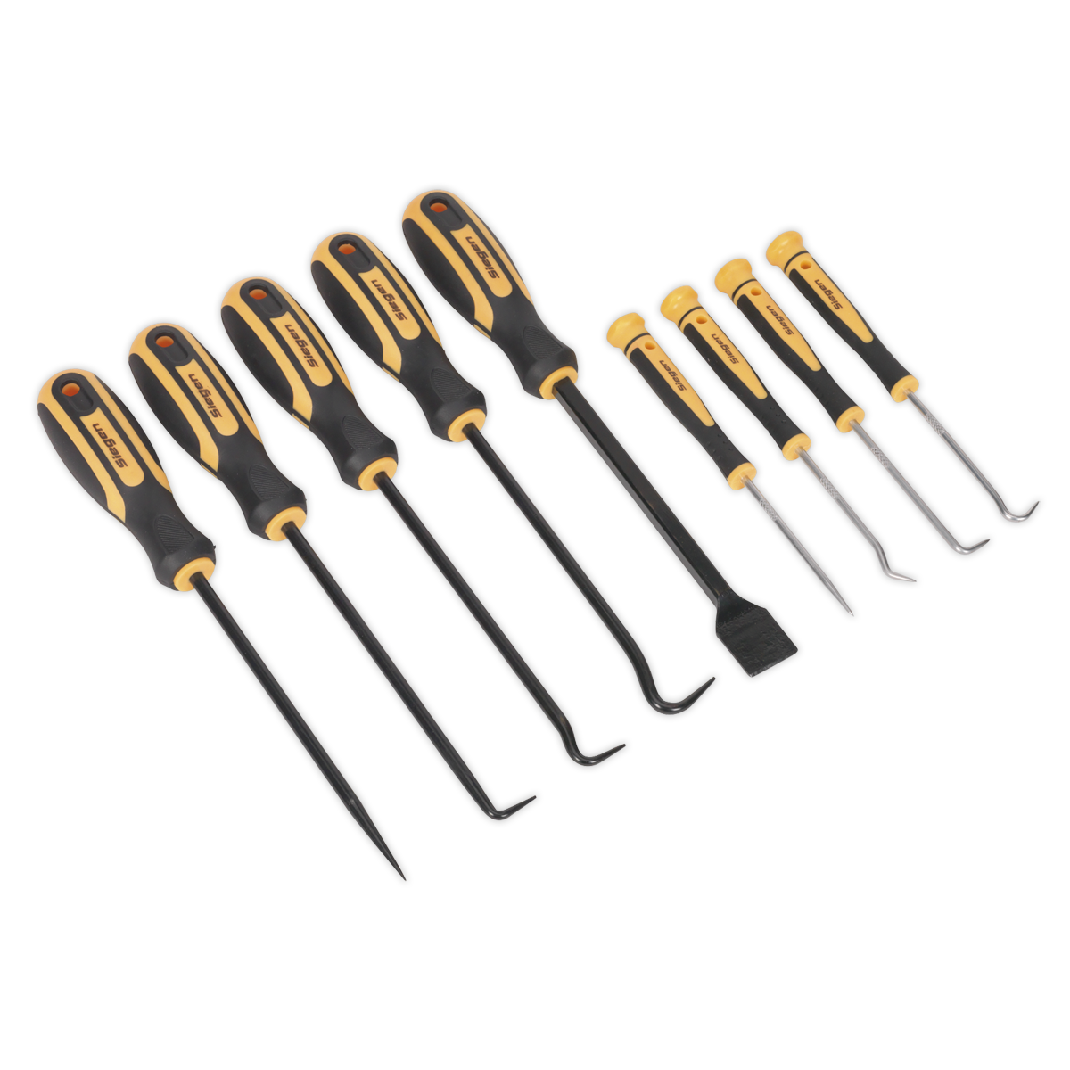 Sealey Scraper & Hook Set 9pc S01103 | Four short picks with knurled, satin finish steel shafts. | toolforce.ie