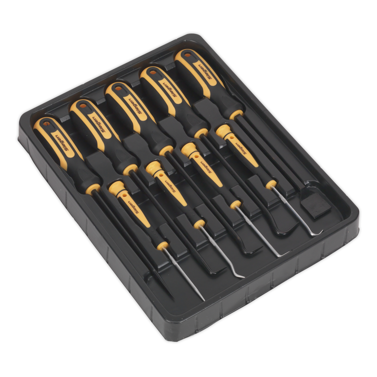 Sealey Scraper & Hook Set 9pc S01103 | Four long picks and one scraper with black finished steel shafts. | toolforce.ie