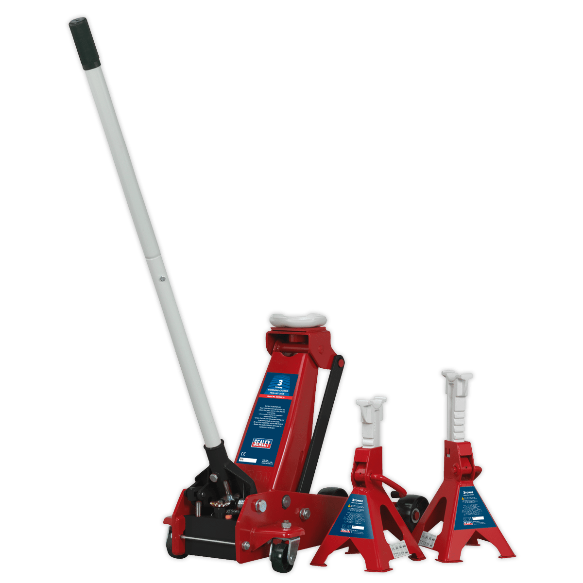 Sealey Trolley Jack 3tonne Standard Chassis with Axle Stands (Pair) 3tonne Capacity per Stand 3010CX | Integral American cog-type release mechanism and long 2-piece handle. | toolforce.ie