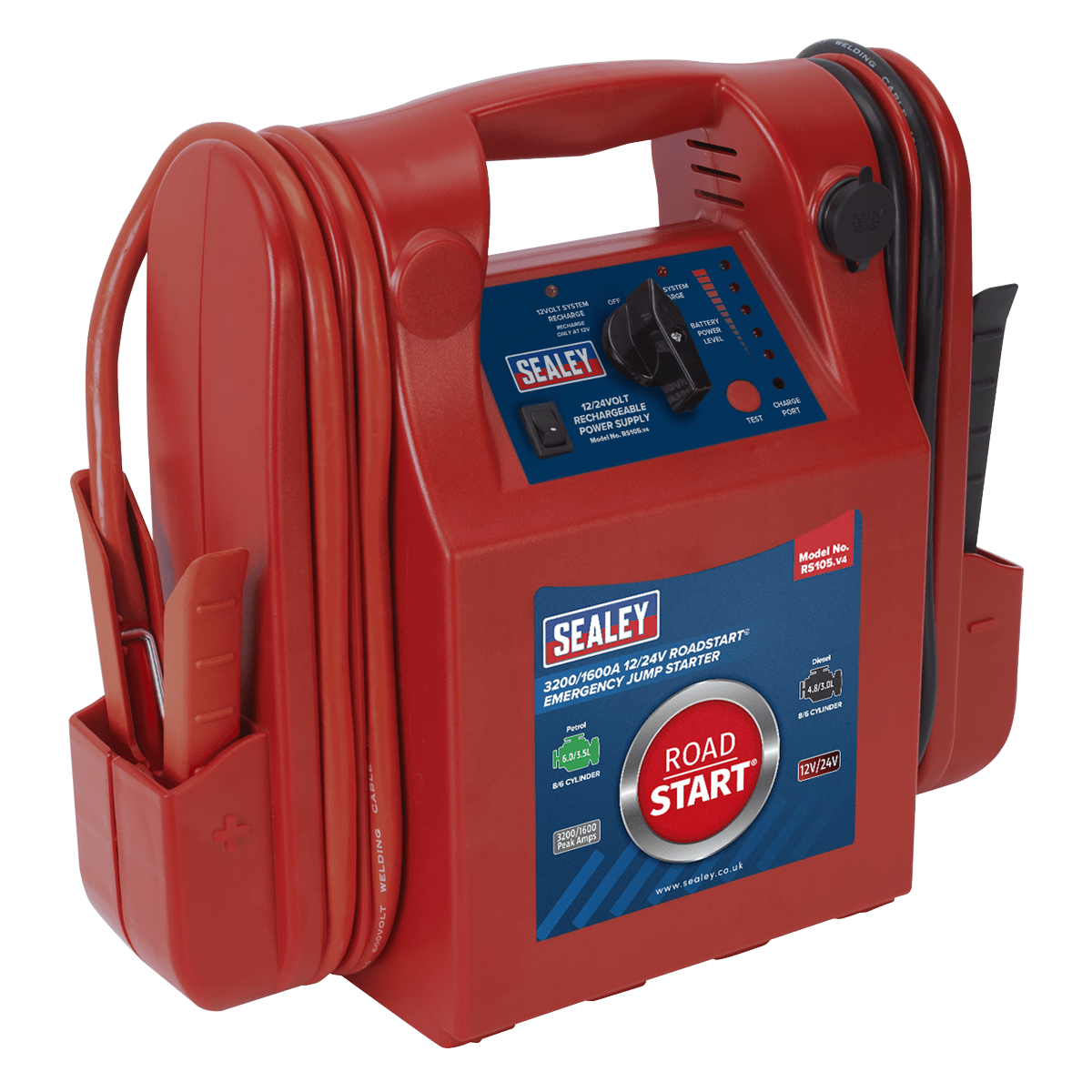 Sealey RoadStart® Emergency Jump Starter 12/24V 3200/1600 Peak Amps RS105 | Composite case with integral battery clip storage and carry handle. | toolforce.ie