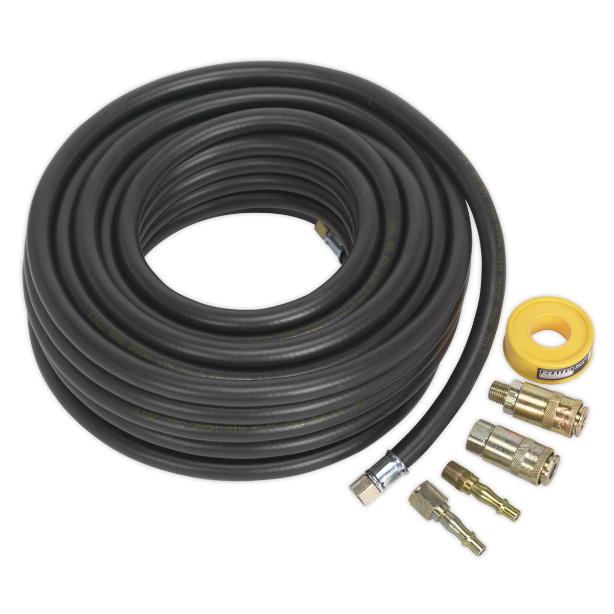Sealey Air Hose Kit 15m x Ø8mm with Connectors AHK01 |Air hose kit comprising rubber alloy air hose fitted with 1/4"BSP female swivel unions manufactured to EN 5774, PCL Vertex coupling with adaptor set and PTFE tape. | toolforce.ie