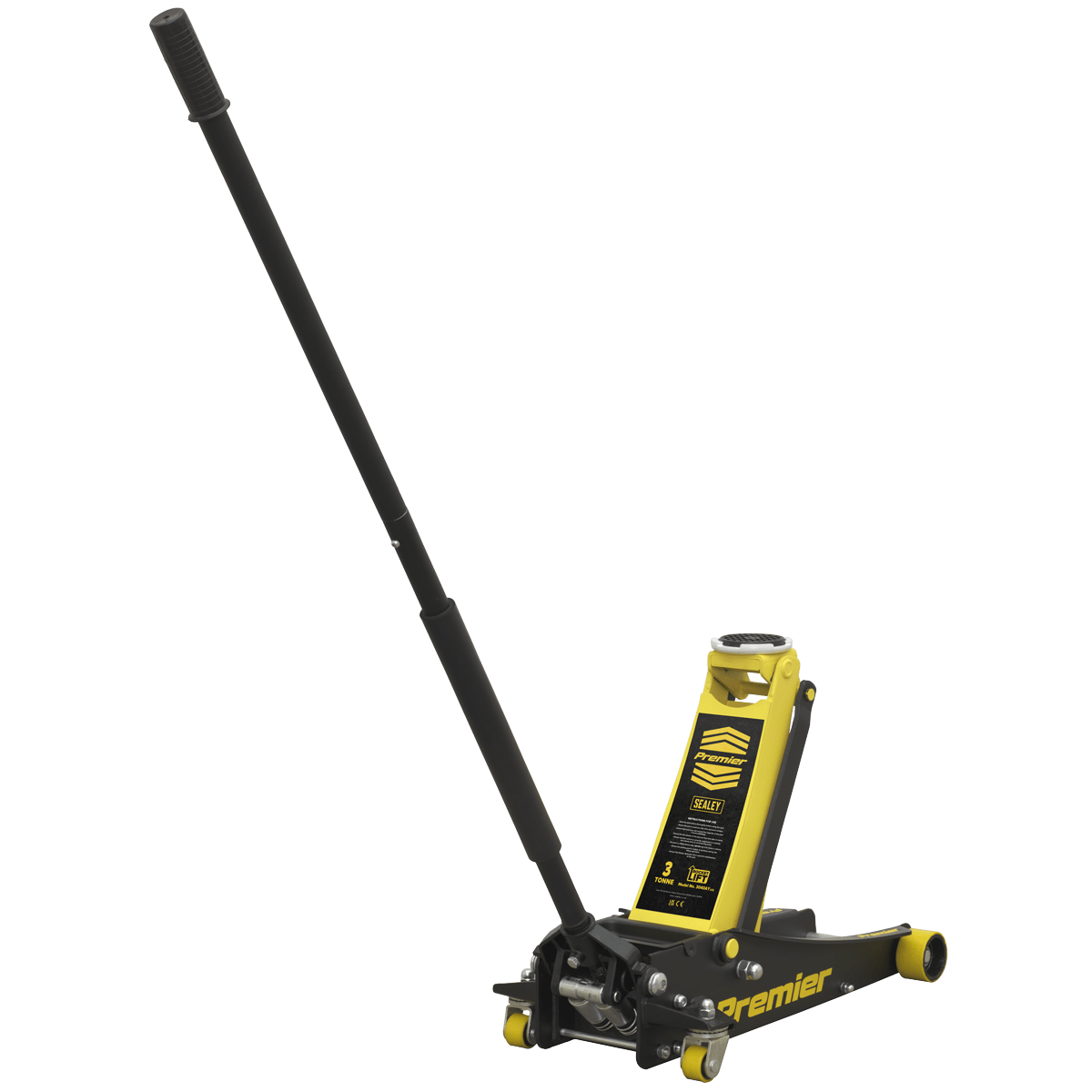 Sealey Trolley Jack 3tonne Rocket Lift Yellow 3040AY | Single-piece hydraulic unit with heavy base design and large jacking saddle. | toolforce.ie