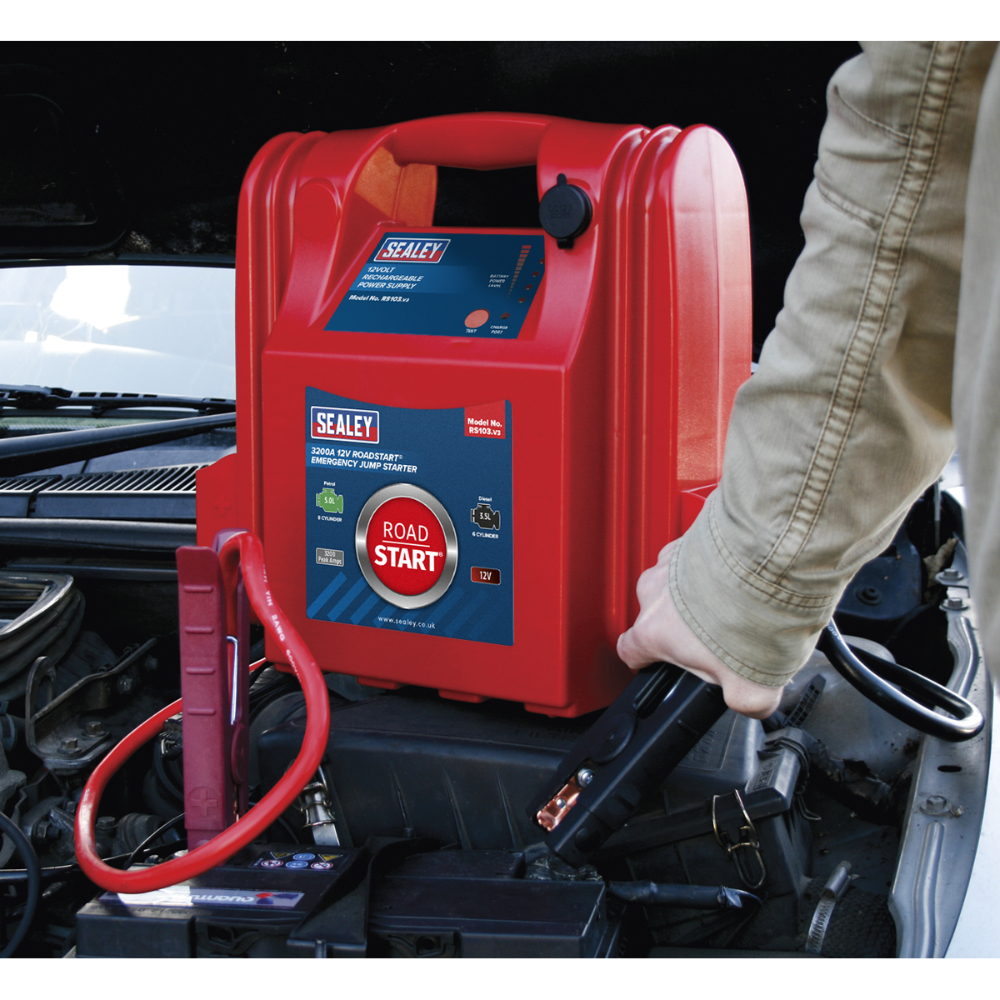 Sealey RoadStart® Emergency Jump Starter 12V 3200 Peak Amps RS103 | Composite case with integral battery clip storage and carry handle. | toolforce.ie