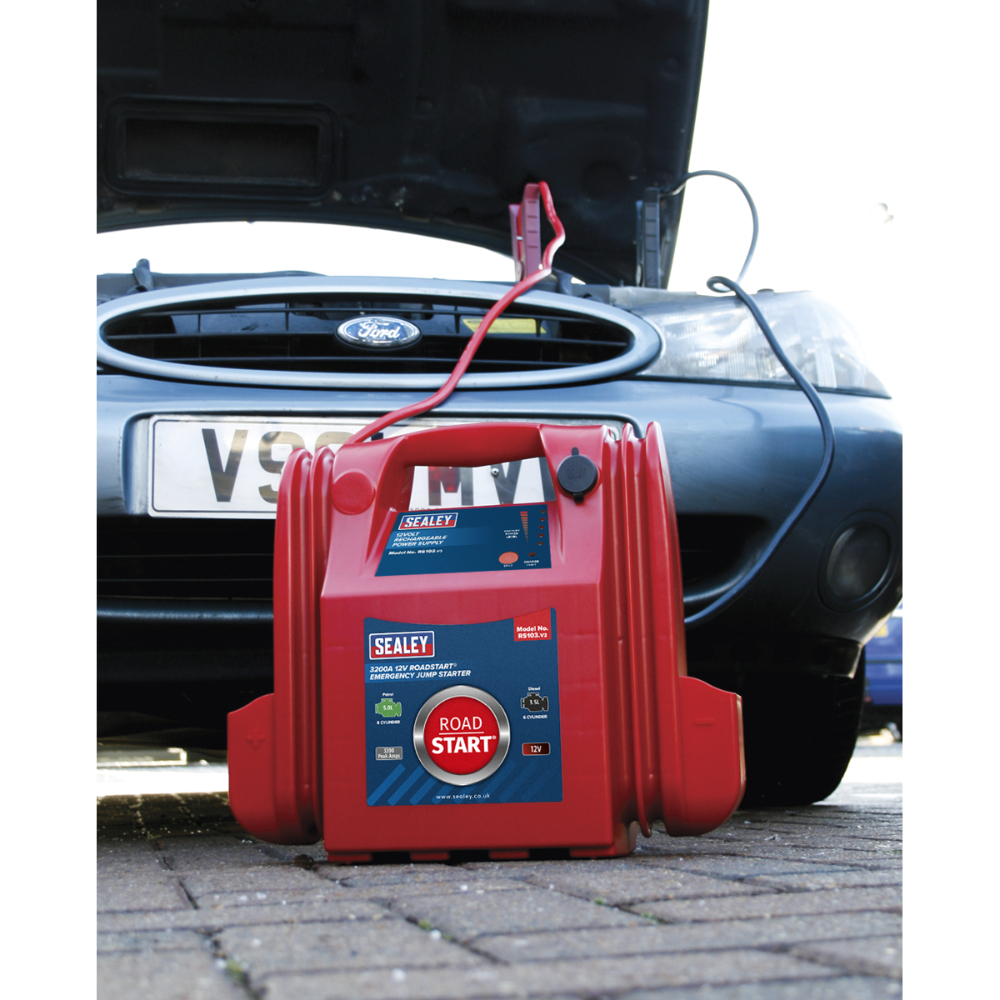 Sealey RoadStart® Emergency Jump Starter 12V 3200 Peak Amps RS103 | Composite case with integral battery clip storage and carry handle. | toolforce.ie