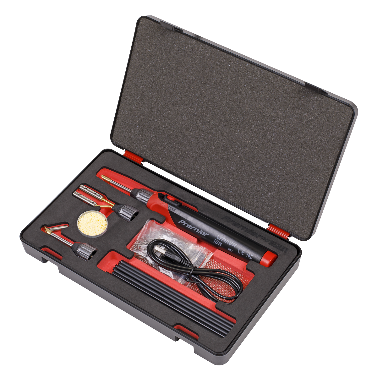 Kit includes plastic welding tip, plastic welding with pipe guide tip, hot staple tip, plastic welding rods in ABS/PP/PE/PS, reinforcing mesh (x3), 0.8mm flat staples (x50), 0.6mm flat staples (x50), USB charging lead and safety stand.