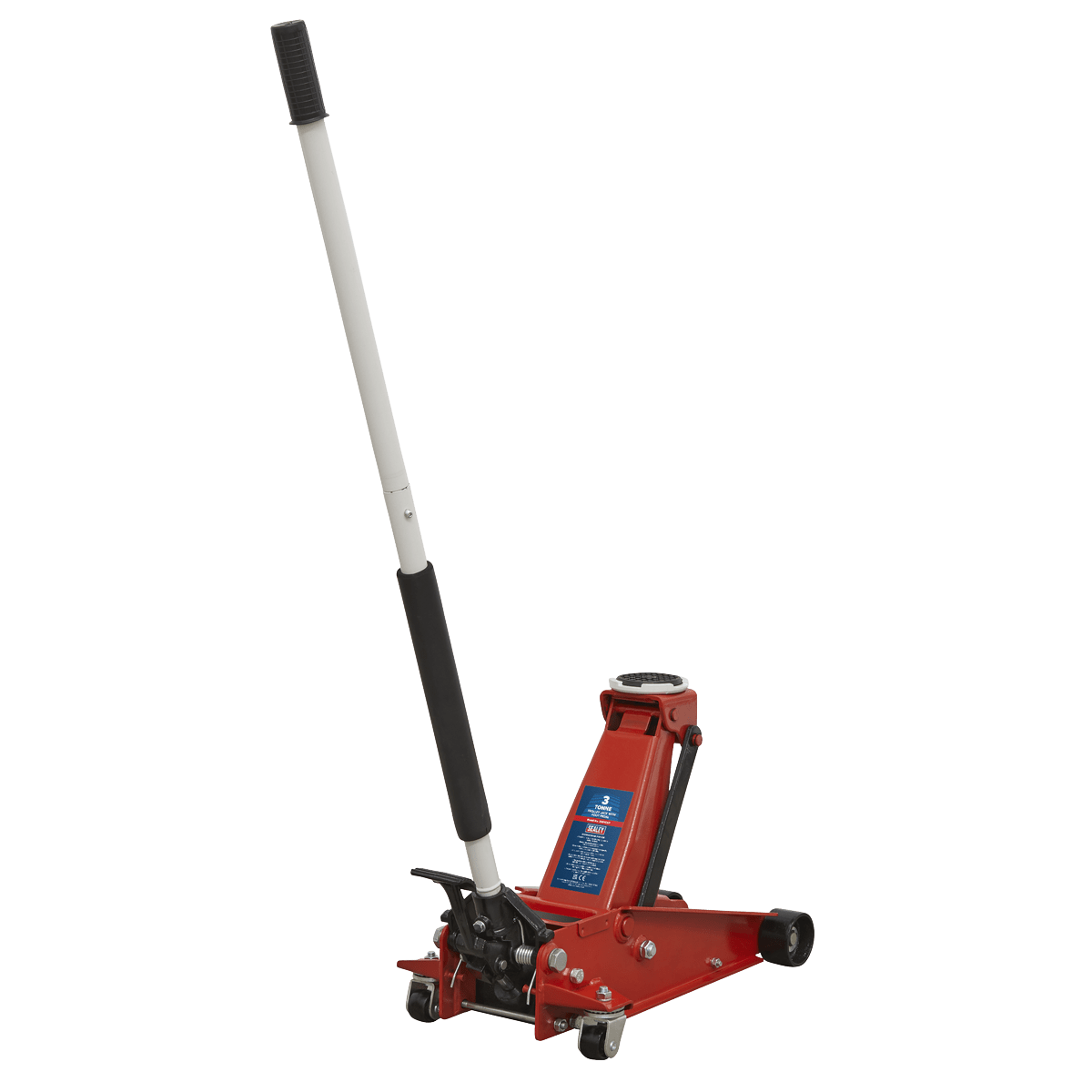 Sealey Trolley Jack 3tonne with Foot Pedal 3001CXP | Single-piece hydraulic unit with heavy base design. | Foot pedal as fast lifting alternative method of raising saddle, especially useful in restricted spaces. | toolforce.ie