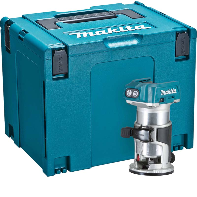 Makita 18v Brushless Router/trimmer Body In Makpac MAKDRT50ZJ | The router/trimmer includes a powerful brushless motor produces a max 10,000-30,000rpm no load speed, 6mm & 8mm (1/4") collect capacity, 0.40mm plunge capacity with trimmer base. | toolforce.ie