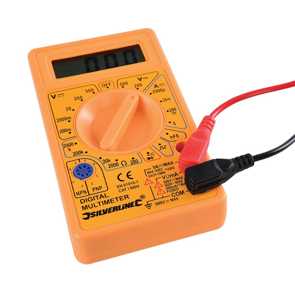 Silverline Digital Multimeter AC/DC 589681, DC current 2000uA-5A, resistance 200-2000K ohms, hFE measurement 0-1000 | Toolforce