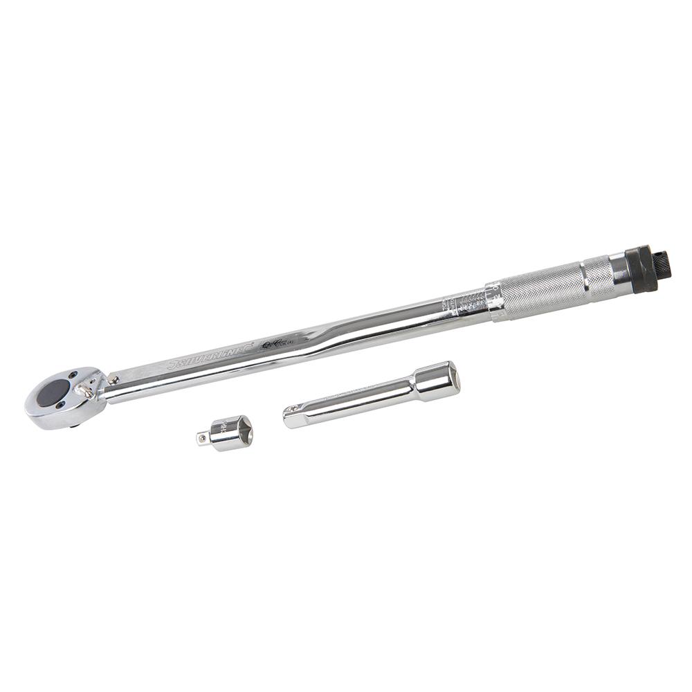 Silverline Torque Wrench 28-210NM 1/2" Drive  633567, Knurled adjustment handle & locking ring for precise torque settings.