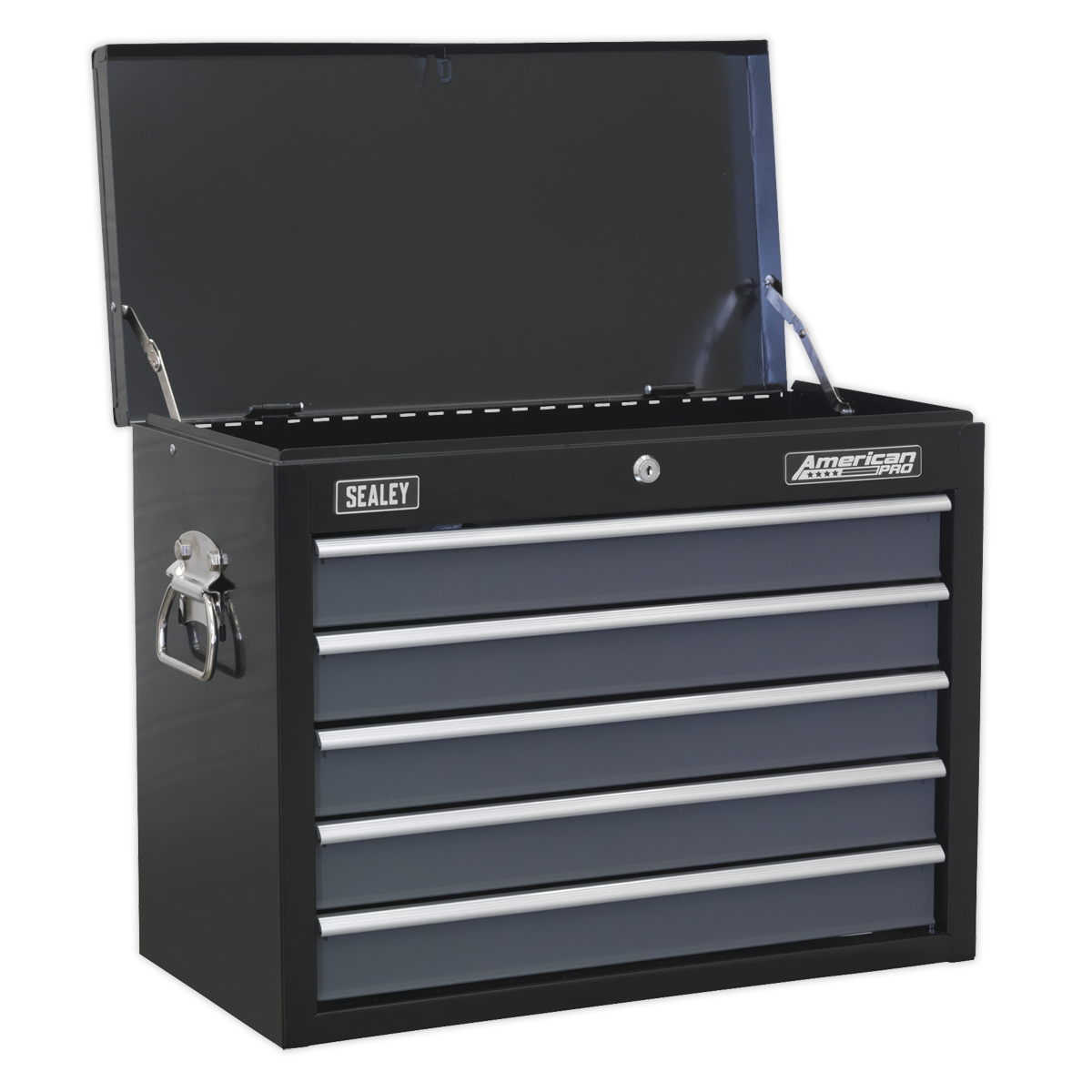 Sealey Topchest 5 Drawer with Ball Bearing Slides - Black/Grey AP3505TB | Features drop-down carry handles, smooth ball bearing drawer slides, cylinder lock and steel bars that can be locked into place to keep drawers shut for additional security.