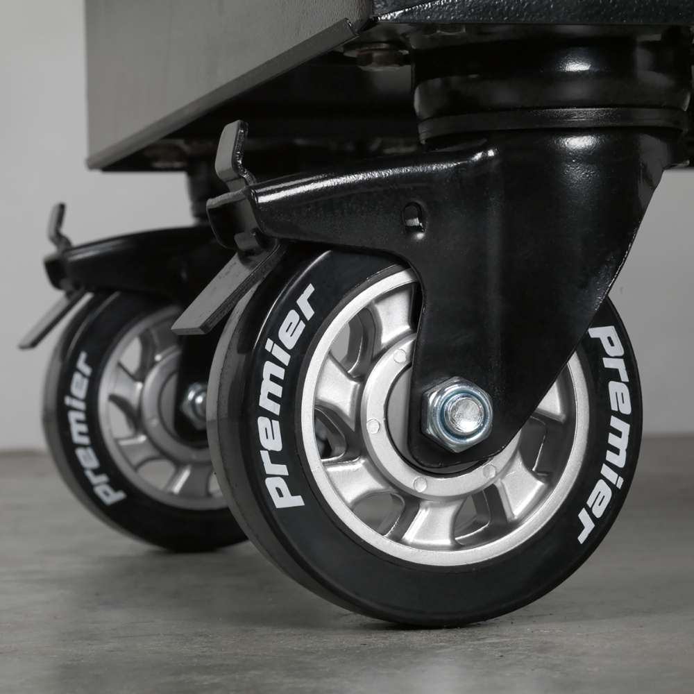 Heavy-duty Ø125mm Mag style castors, two swivel with toe brakes and two fixed on rollcabs.