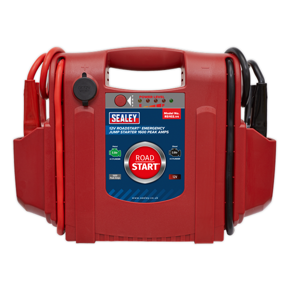 Sealey RoadStart® Emergency Jump Starter 12V 1600 Peak Amps RS102 | Suitable for starting vehicles with 6-cylinder petrol engines up to 3.5L and 4-cylinder diesel engines up to 3L.