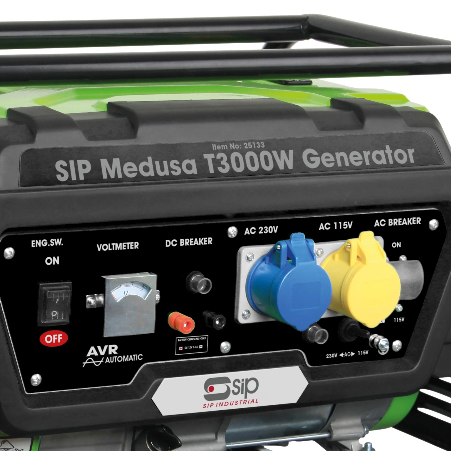 SIP MEDUSA generator front control panel featuring 110V and 230V power sockets and engine switches