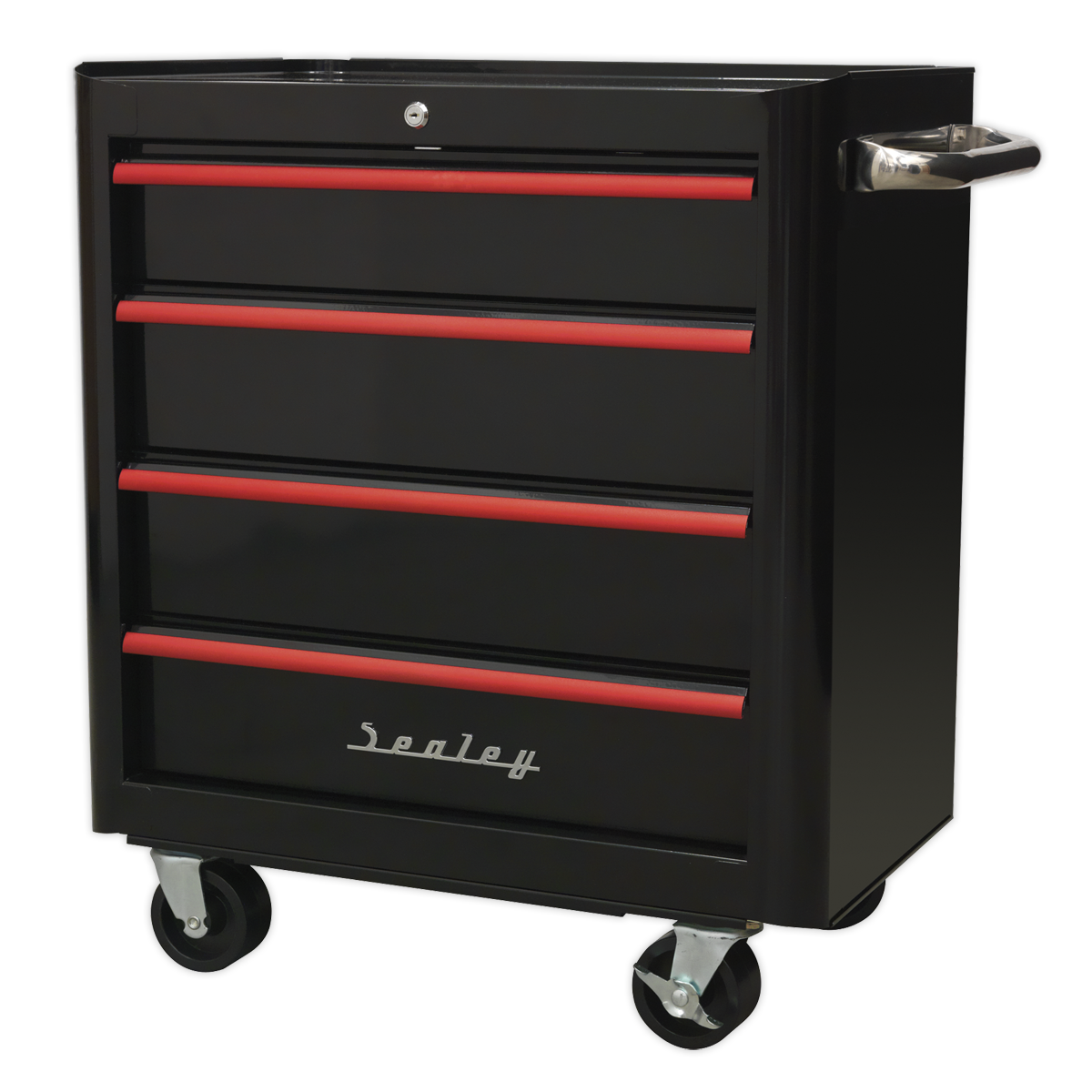 Sealey Rollcab 4 Drawer Retro Style- Black with Red Anodised Drawer Pulls AP28204BR