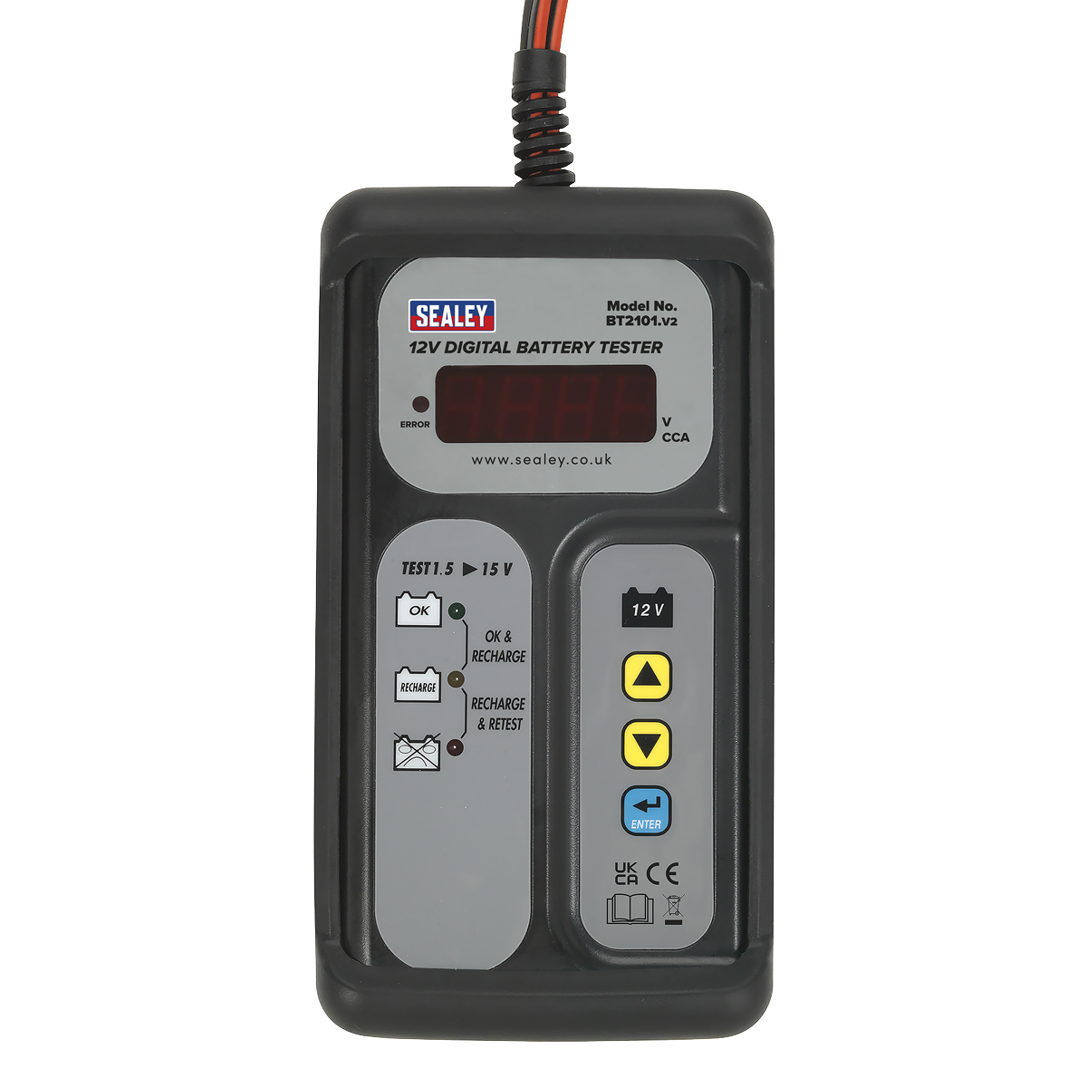 Sealey digital battery tester gives a fast and accurate assessment of battery condition, even with the battery partially discharged.