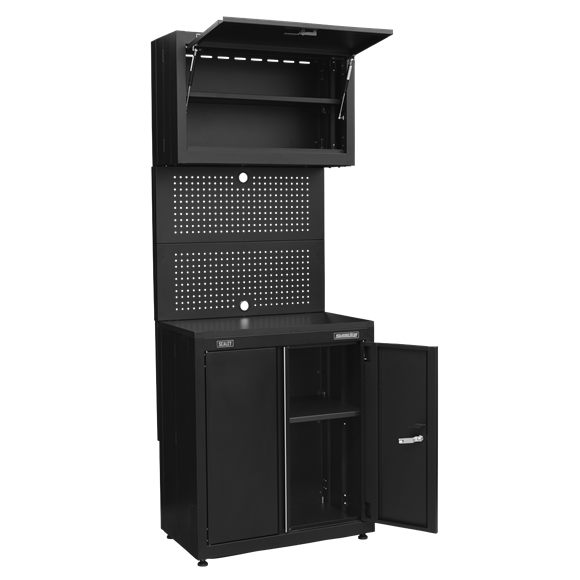 Sealey Modular Base & Wall Cabinet with Drawer APMS2HFPD, Pegboard design backing panels for additional storage.